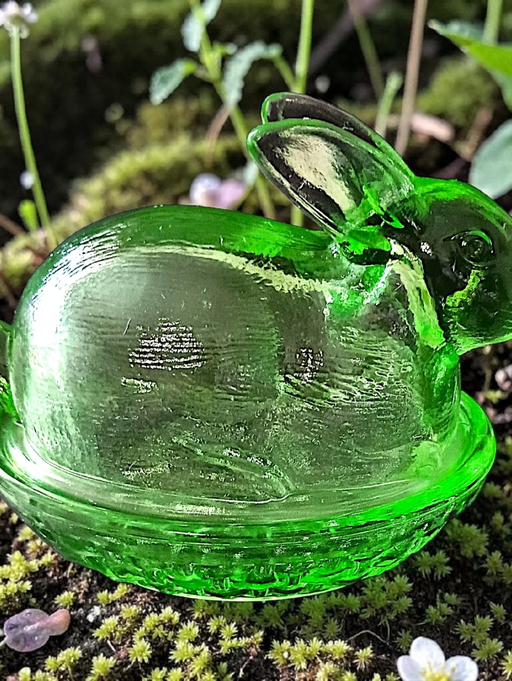 LE Smith Glass Bunny Rabbit On A Nest Basket Covered Candy Dish Vtg Lime Green